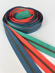 #3 Large Nylon Coil Zipper Packs - Coral/Dusty Blue/Teal Combo